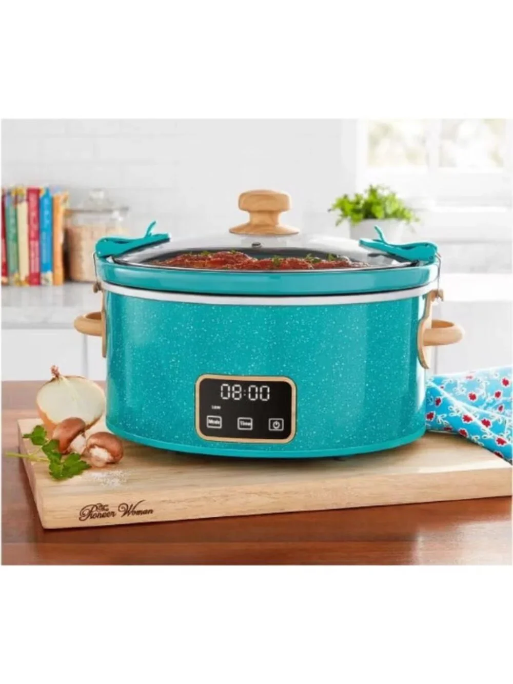 The Woman Pioneer Teal Locking Lid Clips 6-Quart Portable Speckle Slow Cooker